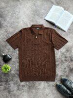 Мужская Классическая Коричневая Футболка Поло на Замке с Рельефным Узором Косичка