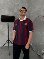 Мужская Красно-Синяя Футболка "Barca" Свободного Кроя в Широкую Полоску