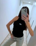 Женская Базовая Черная Майка в Рубчик с Маленькой Вышивкой