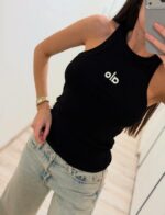 Женская Базовая Черная Майка в Рубчик с Маленькой Вышивкой