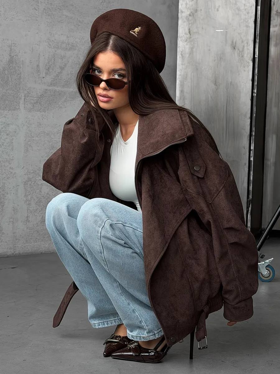 photo_2026-03-26_08-59-13 Женская Демисезонная Замшевая Коричневая Куртка Косуха Оверсайз