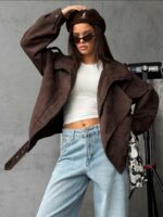 Женская Демисезонная Замшевая Коричневая Куртка Косуха Оверсайз