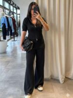 Женский Трикотажный Черный Костюм с Короткими Рукавами на Молнии (Кофта + Штаны)
