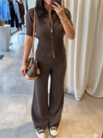 Женский Трикотажный Коричневый Костюм с Короткими Рукавами на Молнии (Кофта + Штаны)