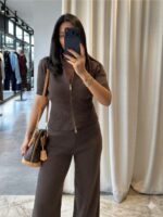 Женский Трикотажный Коричневый Костюм с Короткими Рукавами на Молнии (Кофта + Штаны)
