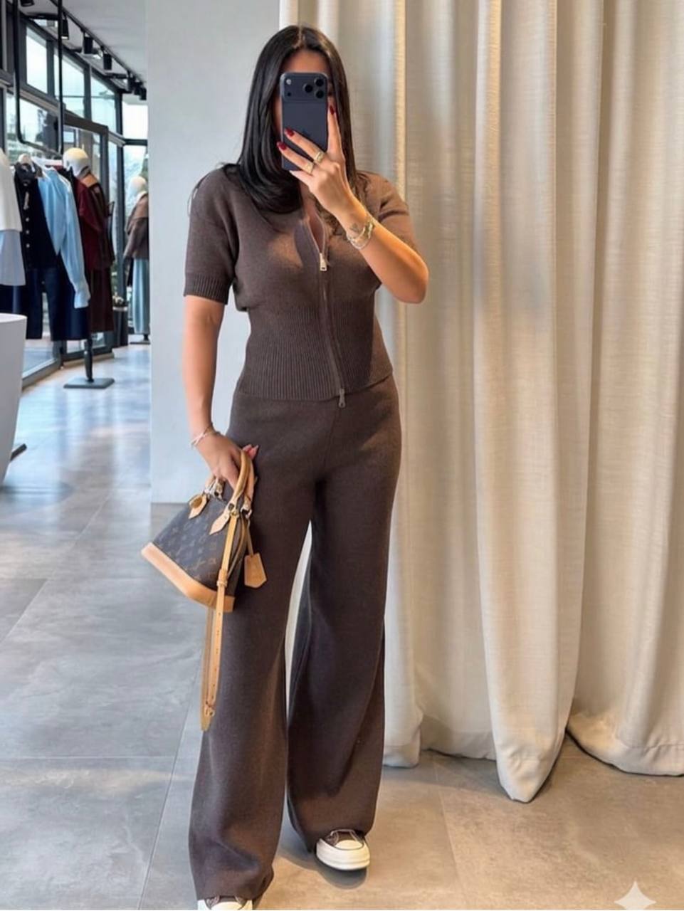photo_2026-03-26_09-16-06 Женский Трикотажный Коричневый Костюм с Короткими Рукавами на Молнии (Кофта + Штаны)