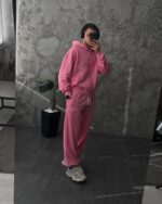 Мужской Розовый Спортивный Костюм Оверсайз на Молнии с Вышивками - Трехнитка Петля
