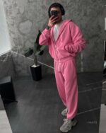 Мужской Розовый Спортивный Костюм Оверсайз на Молнии с Вышивками - Трехнитка Петля