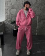 Мужской Розовый Спортивный Костюм Оверсайз на Молнии с Вышивками - Трехнитка Петля
