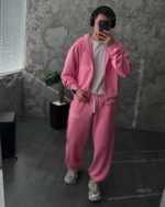 Мужской Розовый Спортивный Костюм Оверсайз на Молнии с Вышивками - Трехнитка Петля