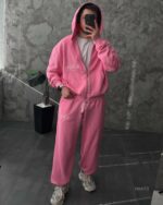 Мужской Розовый Спортивный Костюм Оверсайз на Молнии с Вышивками - Трехнитка Петля