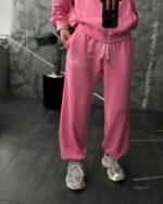 Мужской Розовый Спортивный Костюм Оверсайз на Молнии с Вышивками - Трехнитка Петля