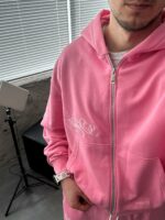 Мужской Розовый Спортивный Костюм Оверсайз на Молнии с Вышивками - Трехнитка Петля