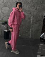 Мужской Розовый Спортивный Костюм Оверсайз на Молнии с Вышивками - Трехнитка Петля