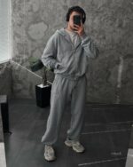 Мужской Спортивный Костюм Серый Меланж Оверсайз на Молнии с Вышивками - Трехнитка Петля