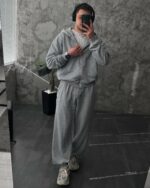 Мужской Спортивный Костюм Серый Меланж Оверсайз на Молнии с Вышивками - Трехнитка Петля