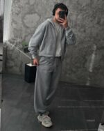 Мужской Спортивный Костюм Серый Меланж Оверсайз на Молнии с Вышивками - Трехнитка Петля