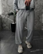 Мужской Спортивный Костюм Серый Меланж Оверсайз на Молнии с Вышивками - Трехнитка Петля