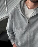 Мужской Спортивный Костюм Серый Меланж Оверсайз на Молнии с Вышивками - Трехнитка Петля