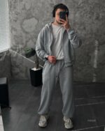 Мужской Спортивный Костюм Серый Меланж Оверсайз на Молнии с Вышивками - Трехнитка Петля