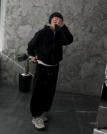 Мужской Черный Спортивный Костюм Оверсайз на Молнии с Вышивками - Трехнитка Петля