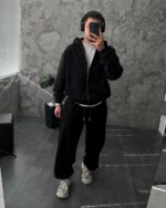 Мужской Черный Спортивный Костюм Оверсайз на Молнии с Вышивками - Трехнитка Петля