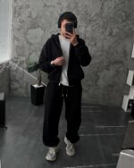 Мужской Черный Спортивный Костюм Оверсайз на Молнии с Вышивками - Трехнитка Петля