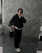 Мужской Черный Спортивный Костюм Оверсайз на Молнии с Вышивками - Трехнитка Петля