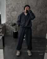 Мужской Графитовый Спортивный Костюм Оверсайз на Молнии с Вышивками - Трехнитка Петля