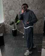 Мужской Графитовый Спортивный Костюм Оверсайз на Молнии с Вышивками - Трехнитка Петля