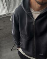 Мужской Графитовый Спортивный Костюм Оверсайз на Молнии с Вышивками - Трехнитка Петля