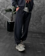 Мужской Графитовый Спортивный Костюм Оверсайз на Молнии с Вышивками - Трехнитка Петля