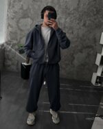 Мужской Графитовый Спортивный Костюм Оверсайз на Молнии с Вышивками - Трехнитка Петля