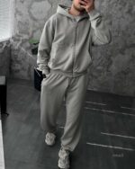 Мужской Серый Спортивный Костюм Оверсайз на Молнии с Вышивками - Трехнитка Петля