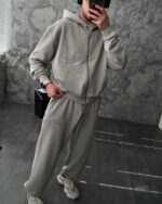 Мужской Серый Спортивный Костюм Оверсайз на Молнии с Вышивками - Трехнитка Петля