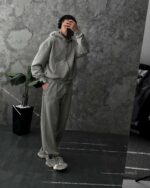 Мужской Серый Спортивный Костюм Оверсайз на Молнии с Вышивками - Трехнитка Петля