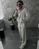 Мужской Серый Спортивный Костюм Оверсайз на Молнии с Вышивками - Трехнитка Петля