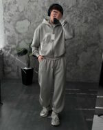 Мужской Серый Спортивный Костюм Оверсайз на Молнии с Вышивками - Трехнитка Петля