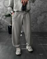 Мужской Серый Спортивный Костюм Оверсайз на Молнии с Вышивками - Трехнитка Петля