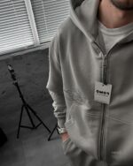 Мужской Серый Спортивный Костюм Оверсайз на Молнии с Вышивками - Трехнитка Петля