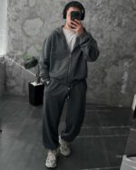 Мужской Темно-Серый Спортивный Костюм Оверсайз на Молнии с Вышивками - Трехнитка Петля