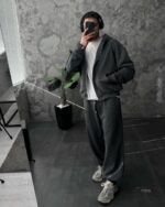 Мужской Темно-Серый Спортивный Костюм Оверсайз на Молнии с Вышивками - Трехнитка Петля