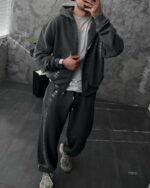 Мужской Темно-Серый Спортивный Костюм Оверсайз на Молнии с Вышивками - Трехнитка Петля