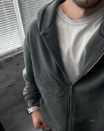 Мужской Темно-Серый Спортивный Костюм Оверсайз на Молнии с Вышивками - Трехнитка Петля