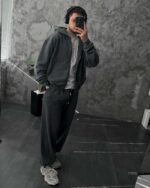 Мужской Темно-Серый Спортивный Костюм Оверсайз на Молнии с Вышивками - Трехнитка Петля