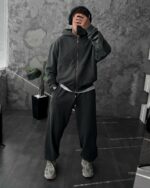 Мужской Темно-Серый Спортивный Костюм Оверсайз на Молнии с Вышивками - Трехнитка Петля