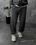 Мужской Темно-Серый Спортивный Костюм Оверсайз на Молнии с Вышивками - Трехнитка Петля