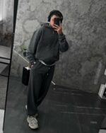 Мужской Темно-Серый Спортивный Костюм Оверсайз на Молнии с Вышивками - Трехнитка Петля