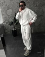 Мужской Белый Спортивный Костюм Оверсайз на Молнии с Вышивками - Трехнитка Петля