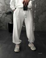 Мужской Белый Спортивный Костюм Оверсайз на Молнии с Вышивками - Трехнитка Петля